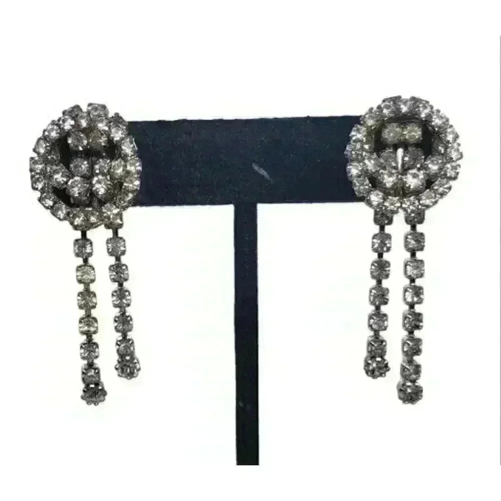 Vintage Rhinestone Earrings Clip Double Circle Long Dangle Bride Barbie Art Deco